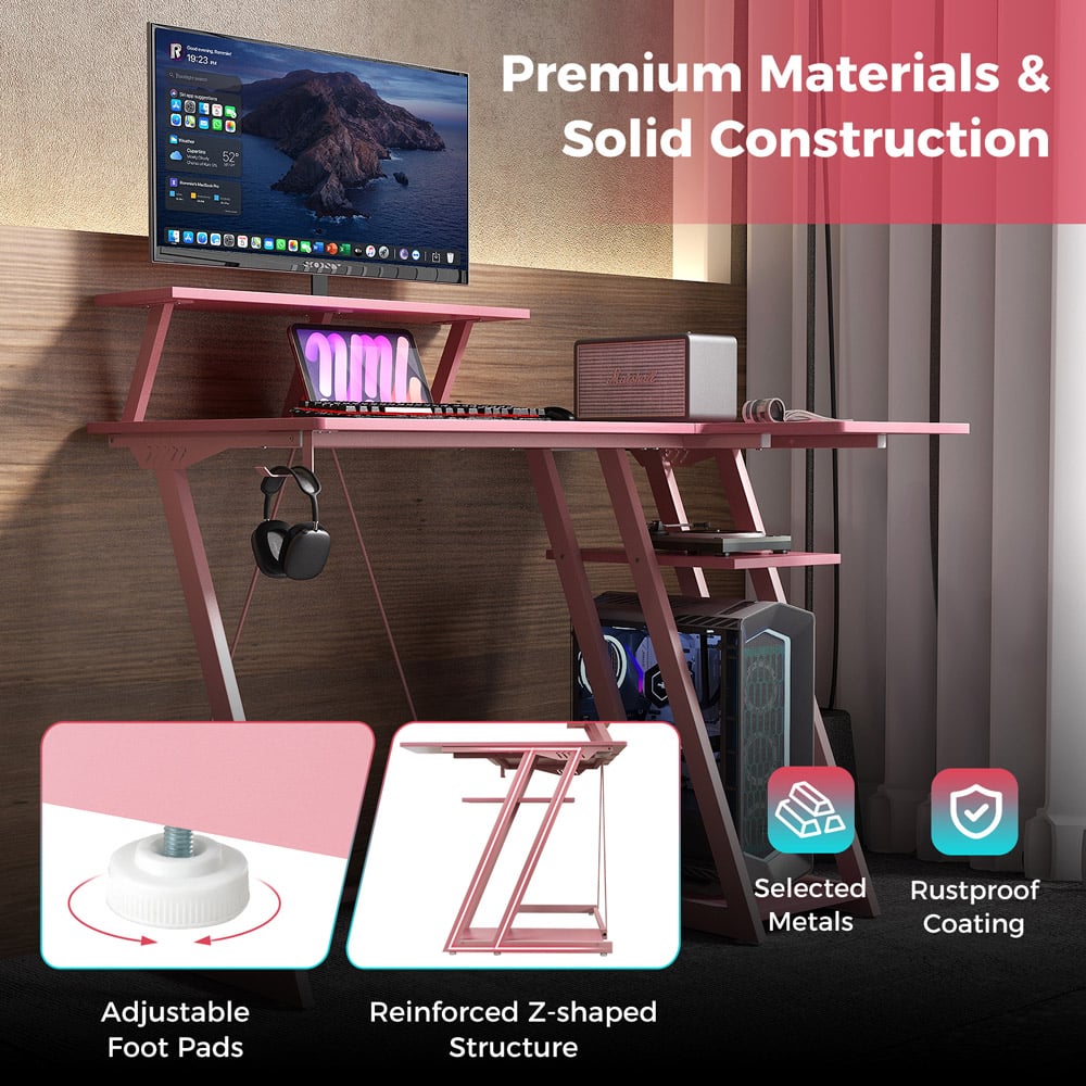 Costway L Shaped Gaming Desk with USB Ports Pink Image 8