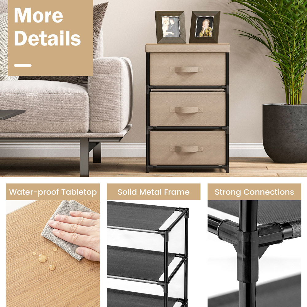 Costway 3 Drawer Coffee Fabric Nightstand with Removable Lid Image 5