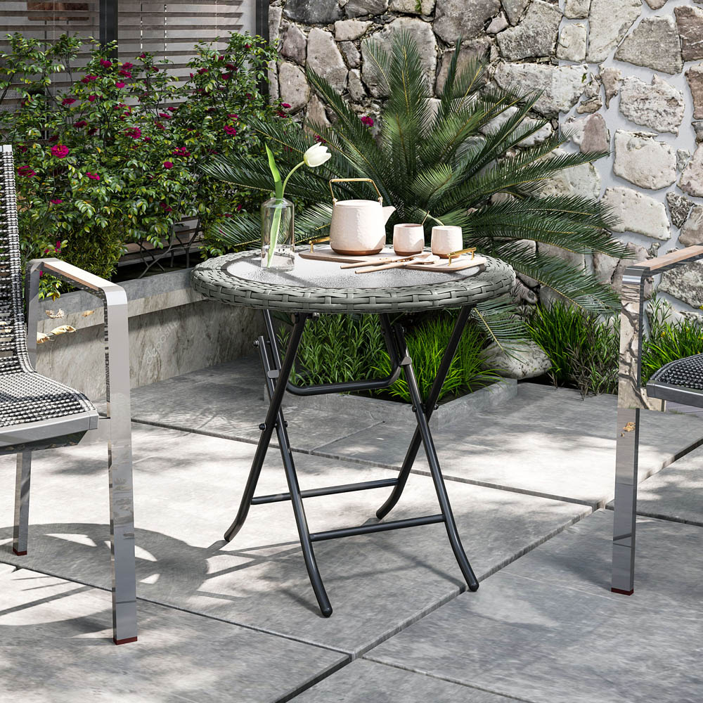 Outsunny Grey Foldable Round Tempered Glass Rattan Metal Table Image 4