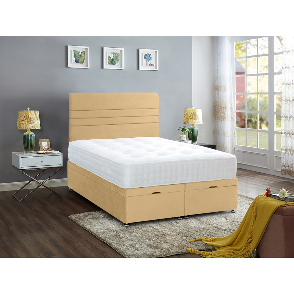Eleganza Home Napster Small Double Beige Plush Velvet Divan Ottoman Bed with Lined Headboard Image 2