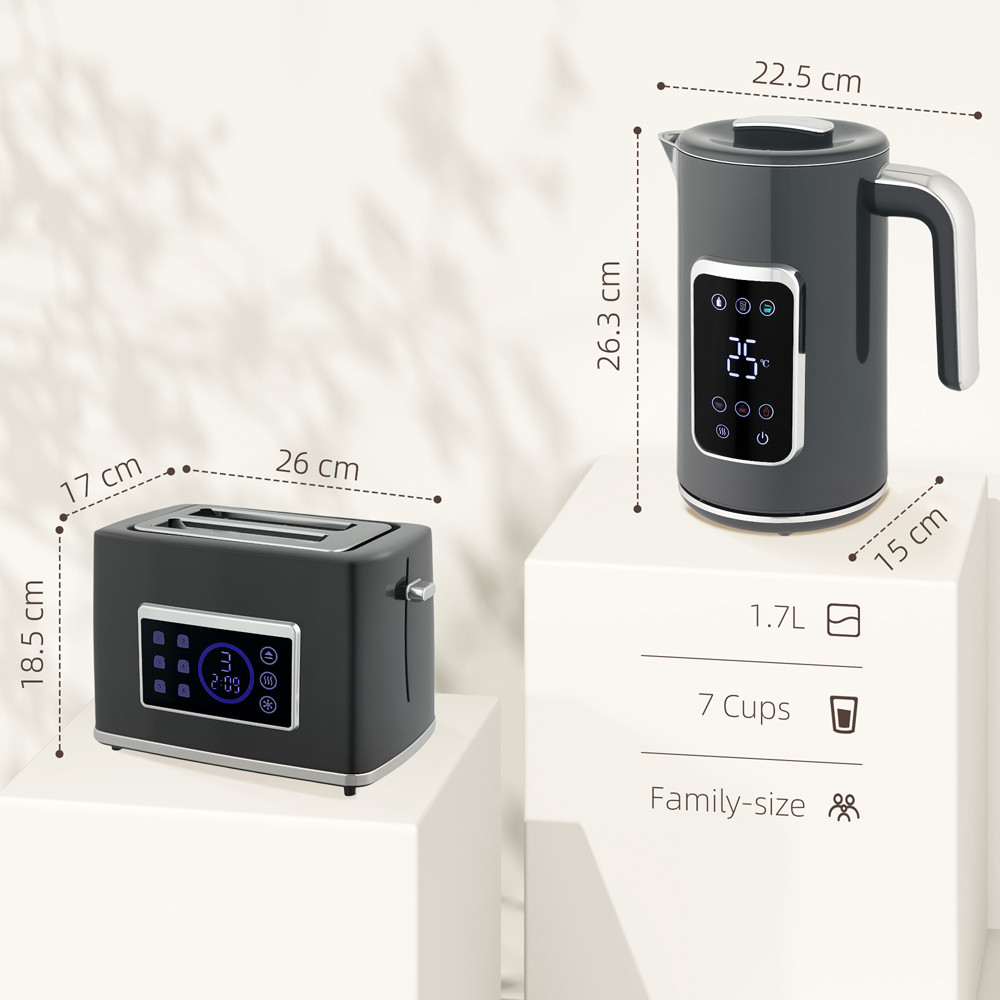 HOMCOM 800-282V70GY Grey Rapid Boil 1.7L Kettle and 2 Slice Toaster Set Image 9