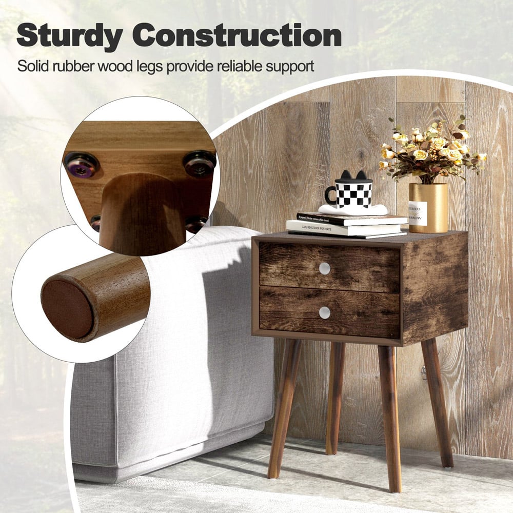 Costway 2 Drawer Rustic Brown Rubber Wood Legs Bedside Table with USB Port Image 6