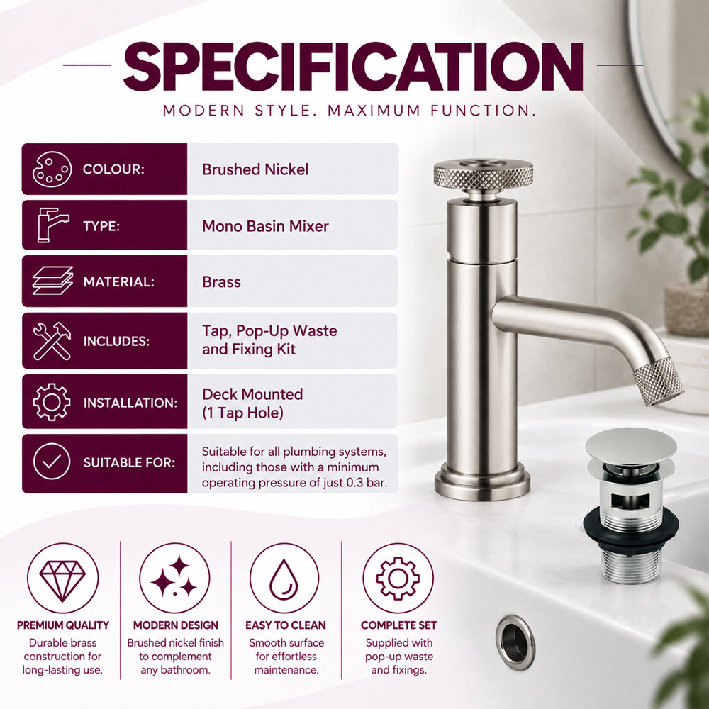 Go Bathrooms Urban Brushed Nickel Mono Basin Mixer Tap Image 5