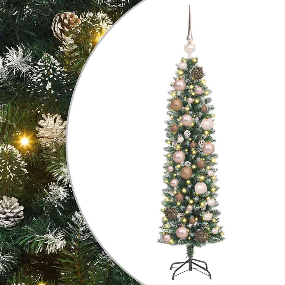 vidaXL Pre-Lit Rose Gold Baubles Green and White Artificial Slim Christmas Tree 4ft Image 2