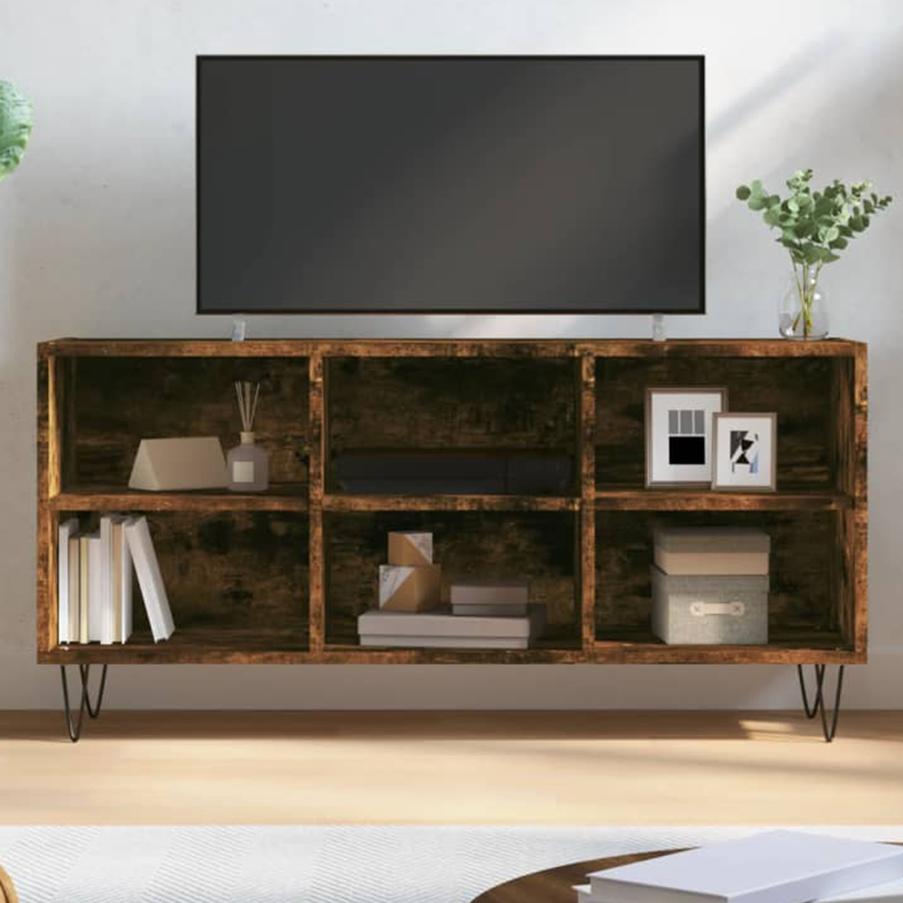 vidaXL 6 Open Shelf Smoked Oak TV Cabinet with Black Metal Legs Image 1