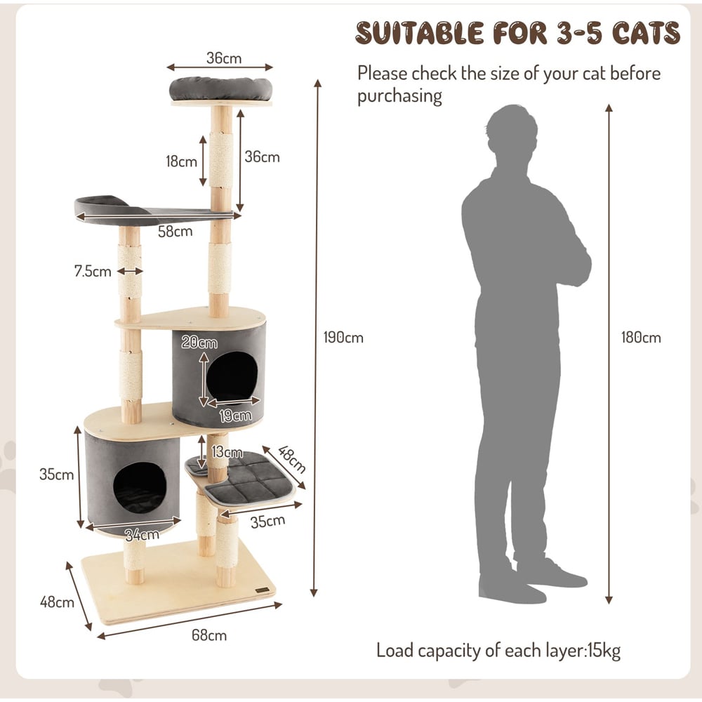 Costway 190cm Grey Sisal Rope Cat Tree Scratcher Image 9