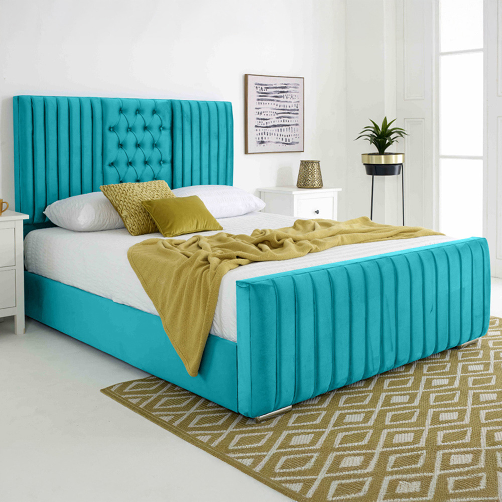 Eleganza Gracie Single Teal Plush Velvet Bed Frame with Lined Headboard Image 1