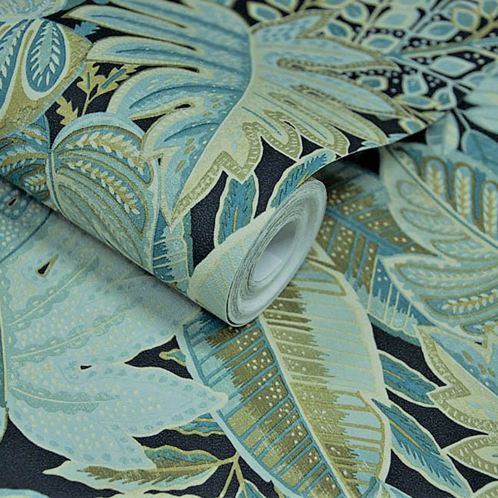 Grandeco Tribal Leaf Foliage Aqua Blue and Green Textured Wallpaper Image 2