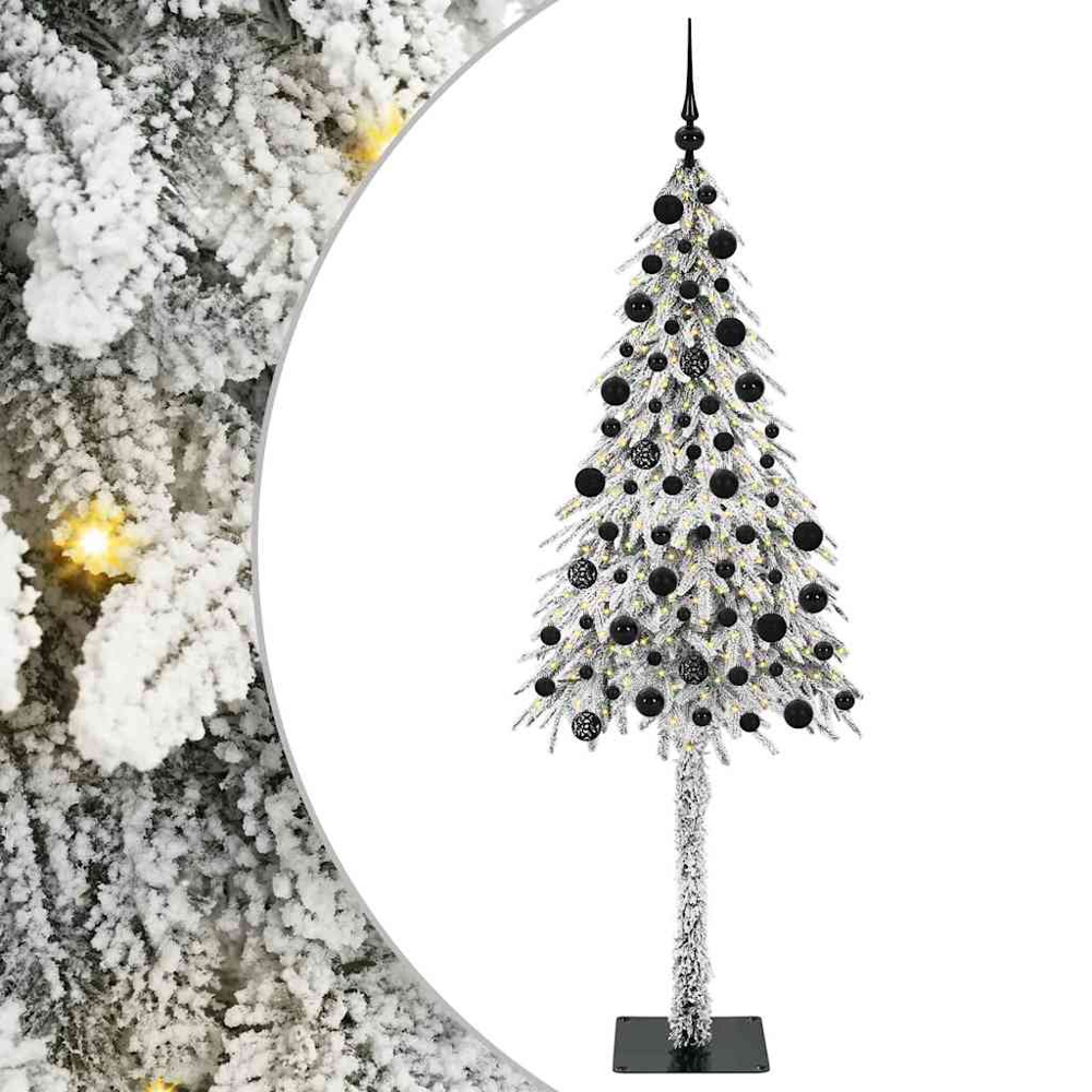 vidaXL Pre-Lit Black Bauble White Snow Flocked Artificial Christmas Tree 7ft Image 6