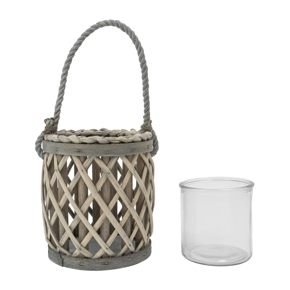 JVL Luna Grey Wash Natural Willow Wood Lantern with Braided Rope Handle 2 Pack Image 3