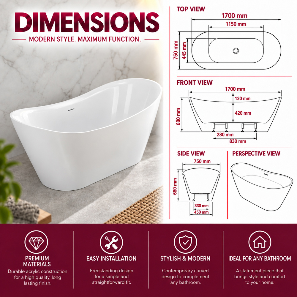 Go Bathrooms Gloss White Double Ended Acrylic Freestanding Bath 1700 x 750mm Image 5