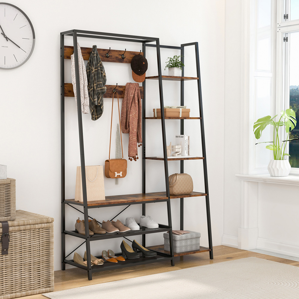 Costway 8 Shelf 9 Hook Rustic Brown Tree Storage Bench Image 4