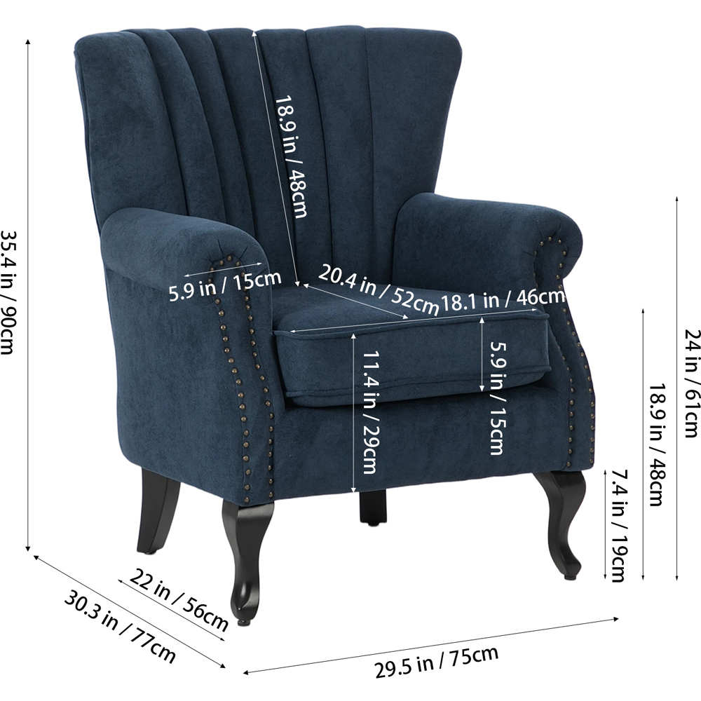 Living and Home Blue Chenille Upholstered Channel Back Armchair Image 9