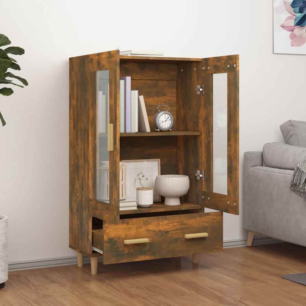 vidaXL 2 Glass Door Single Drawer Smoked Oak Highboard Image 7
