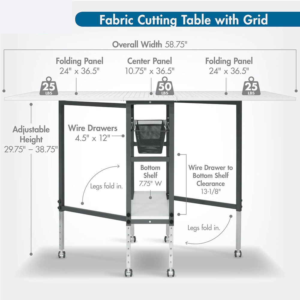 Sewing Online 13385 Black and White Adjustable Fabric Cutting Table with Grid and Storage Image 8