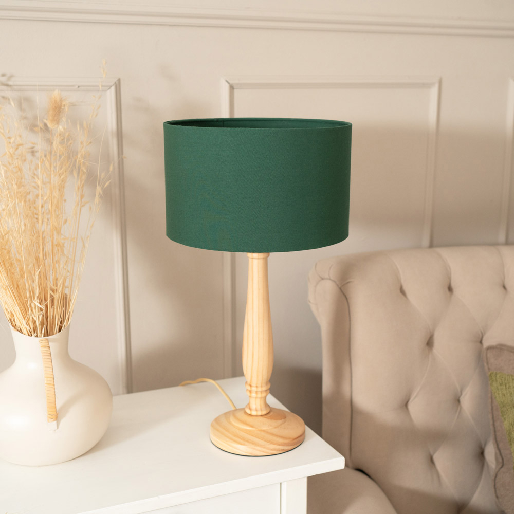 ValueLights Victoria Green Fabric Drum Shade Light Wood Traditional Stem LED Table Lamp Image 3