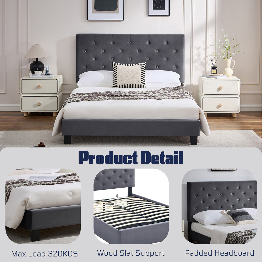 Furniture One King Size Grey Upholstered Platform Storage Bed Frame with Tufted Headboard Image 7