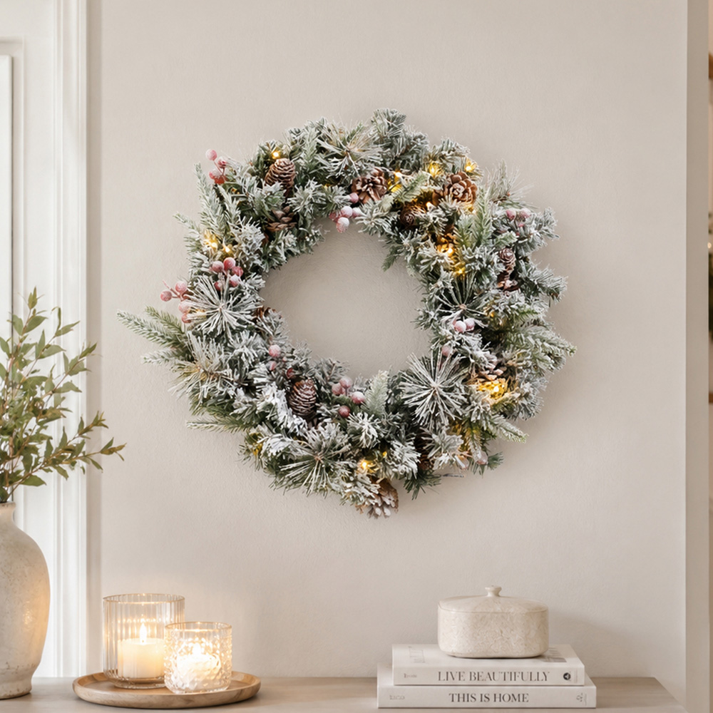Abrihome 35 Warm White LED Snow Flocked Artificial Christmas Wreath with Tips and Pinecones 50cm Image 3