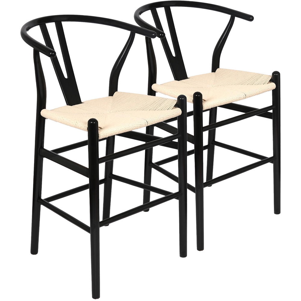 Nicholas Winter Black and Natural Woven Rope Wooden Wishbone Bar Stool 2 Pack Image 2