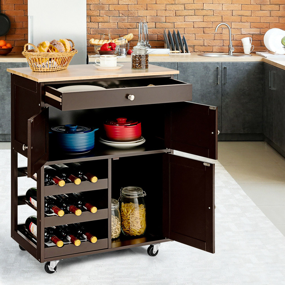 Costway 3 Door Single Drawer Brown Kitchen Trolley Cart Image 3