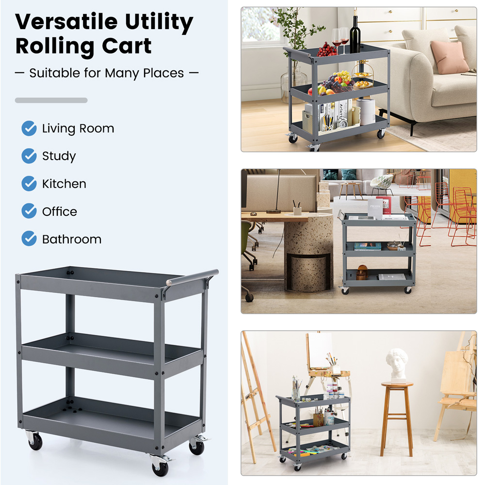 Costway 3 Shelf Grey Metal Utility Cart Image 8