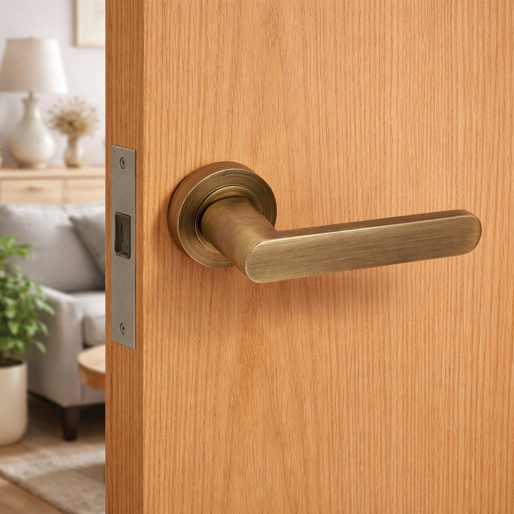 AXS Hardware Harlem Antique Brass Bathroom Door Handles on Rose 4 Pack Image 2