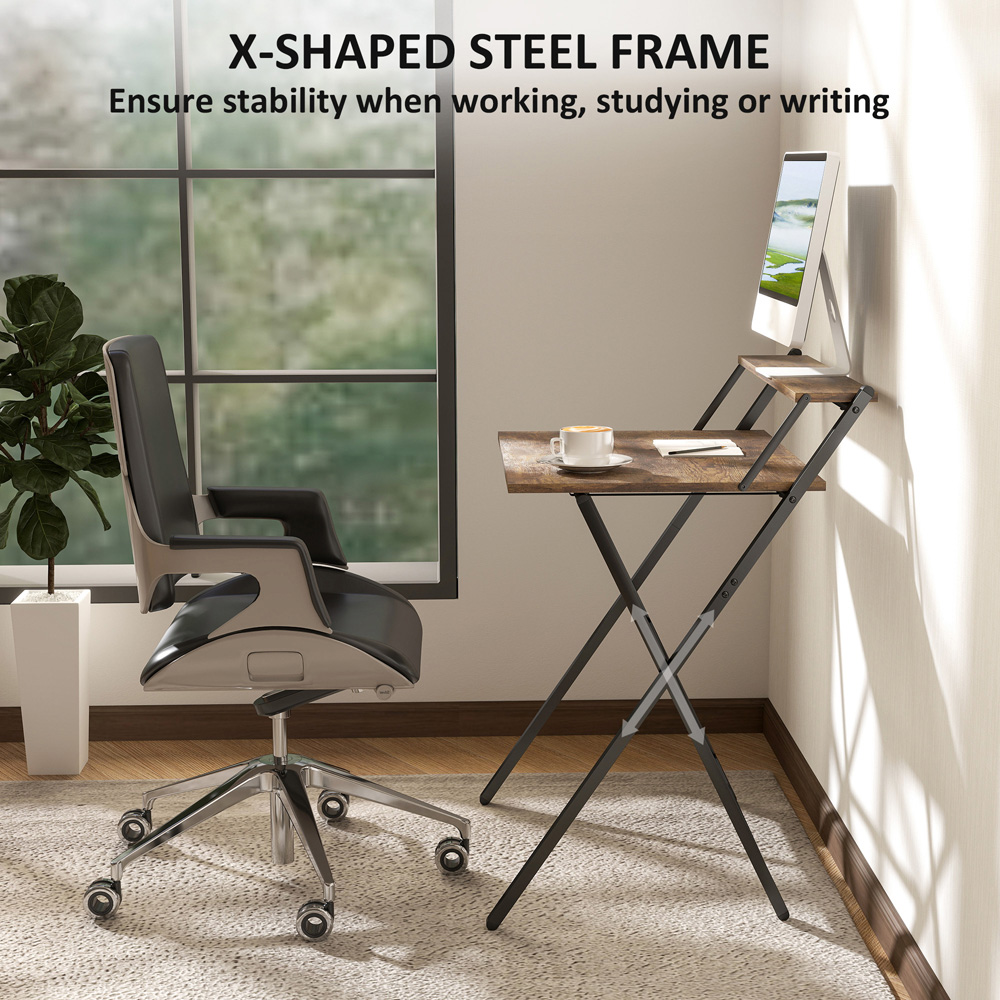HOMCOM 2 Shelf Foldable Computer Desk Rustic Brown Image 6