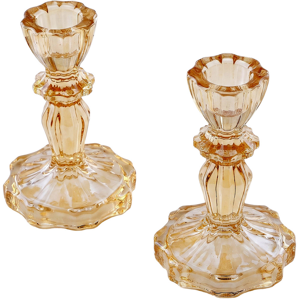 Living and Home Amber Glass Wide Base Candlestick Holder Set of 2 Image 4