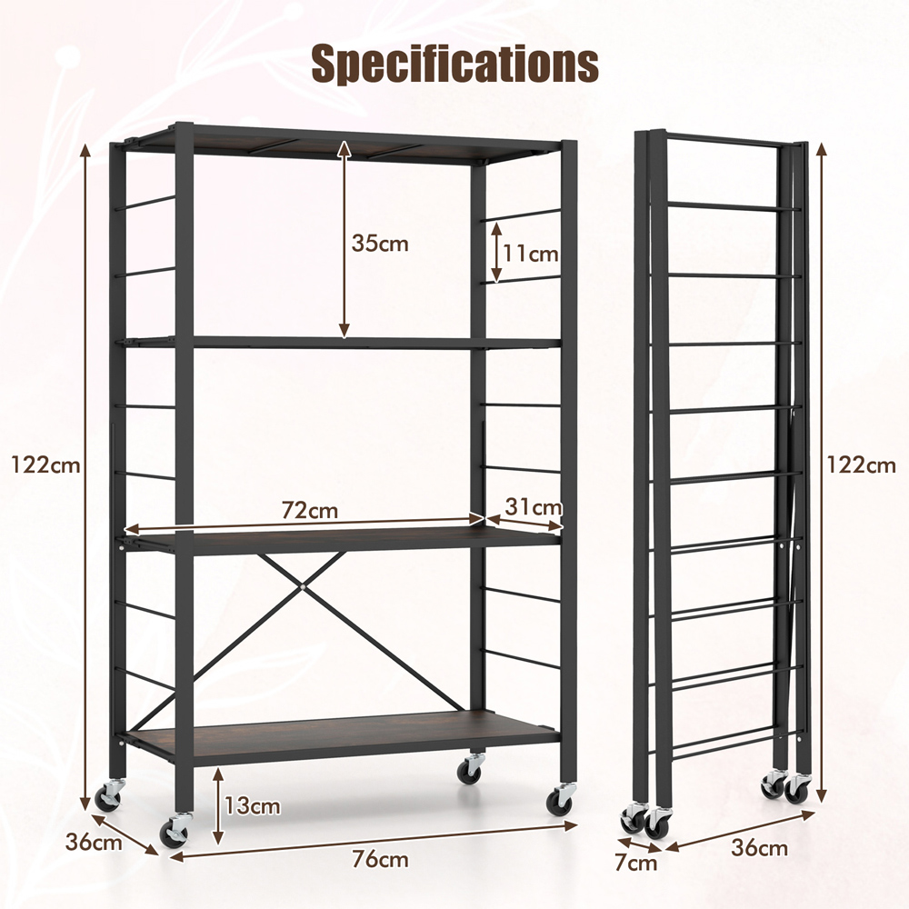 Costway 3 Shelf Black Metal Folding Wheeled Shelving Rack Image 9