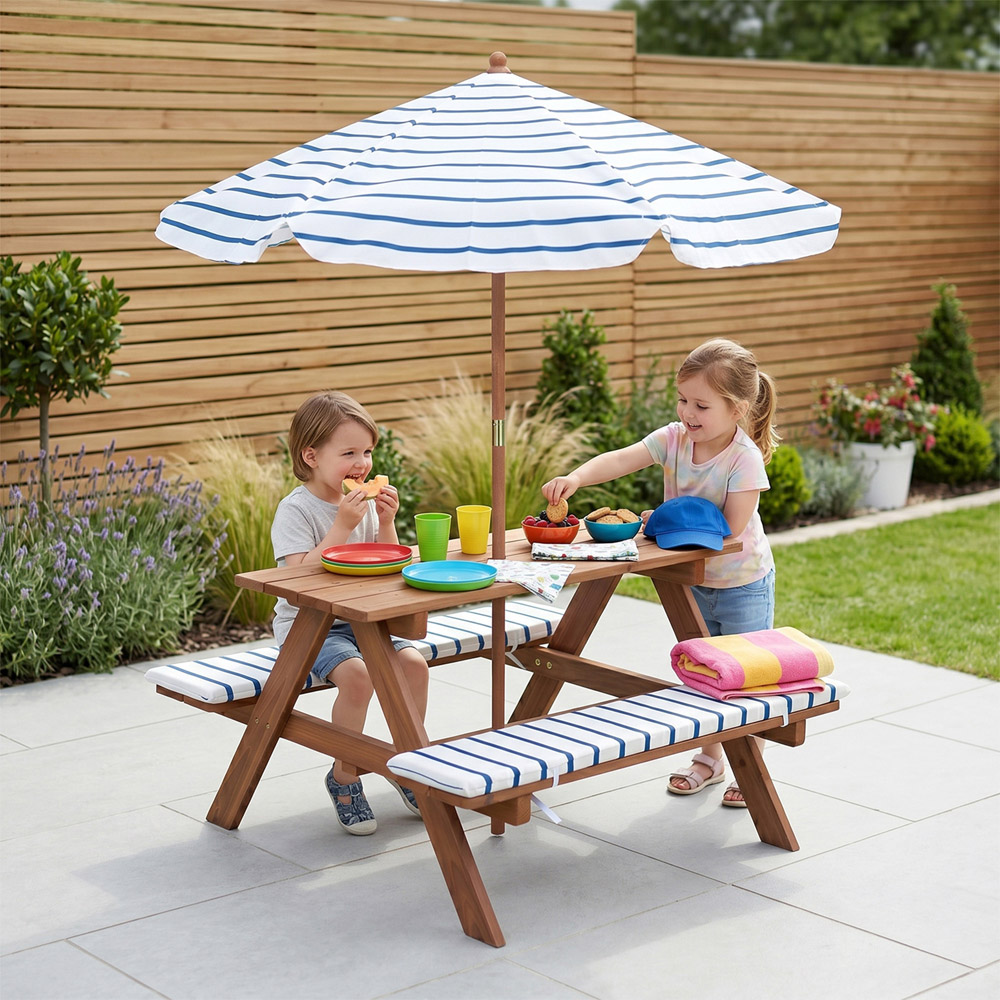 Jack Stonehouse 4 Seater Stripe Design Kids Picnic Table and Parasol Set Image 4