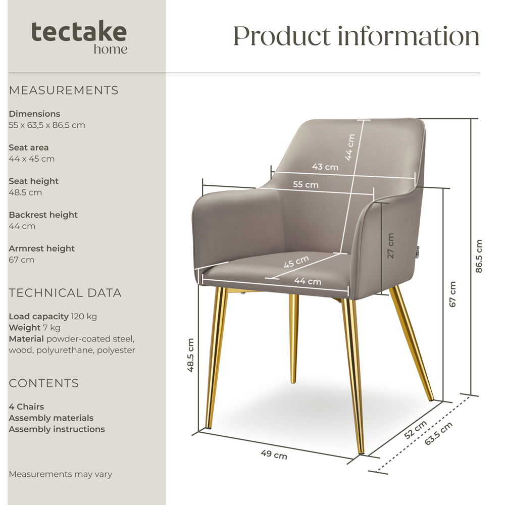 tectake Avane Set of 4 Taupe Velvet Look Padded Dining Chair Image 9