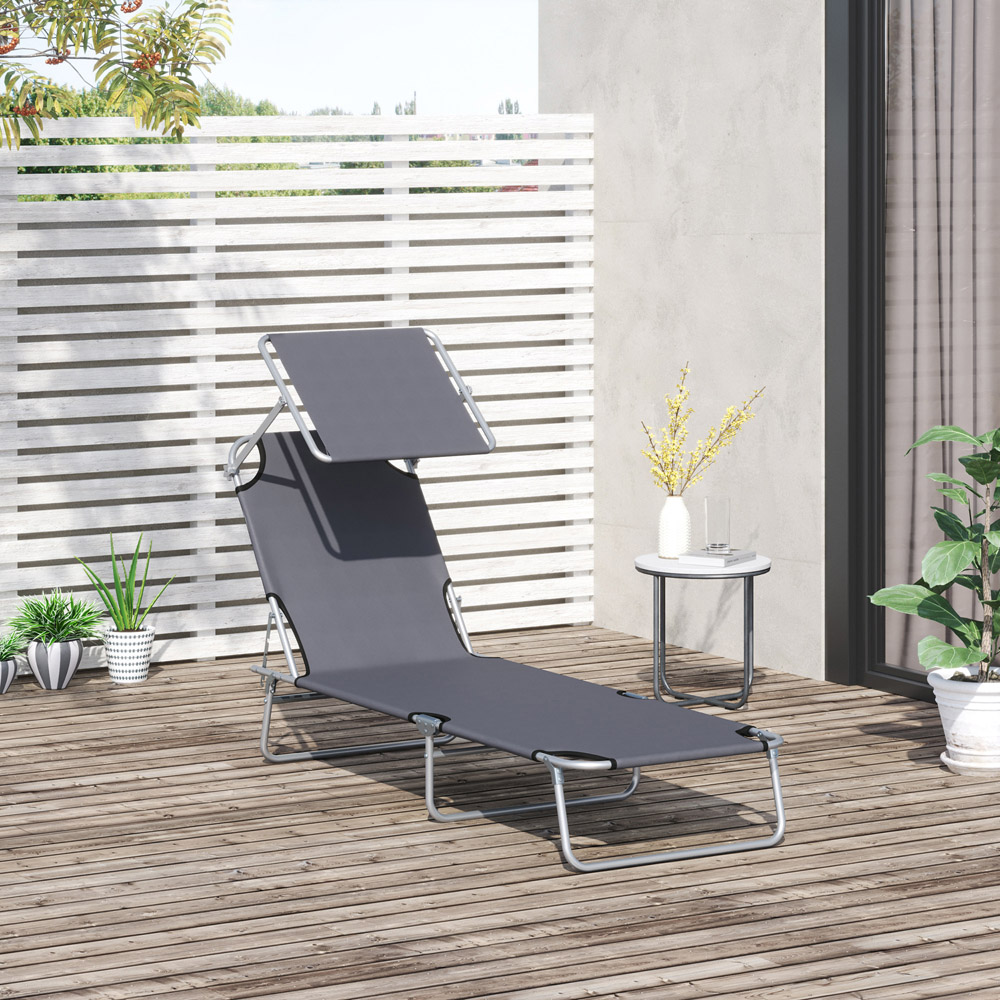 Outsunny Grey Foldable Sun Lounger with Sunshade Awning Image 7