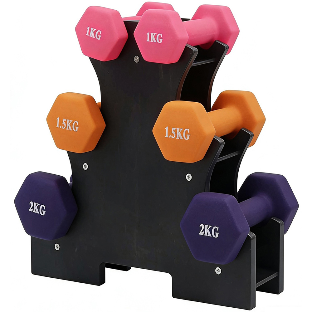 Gr8 Home Hex Shaped Rubber Dumbbell Set with Storage Stand 9kg 6 Pack Image