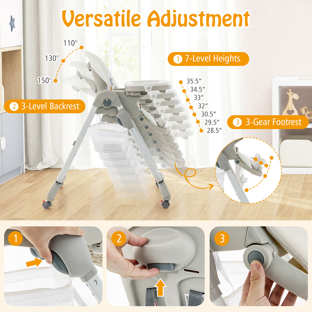 Costway White Folding Baby Highchair with Wheel Image 7