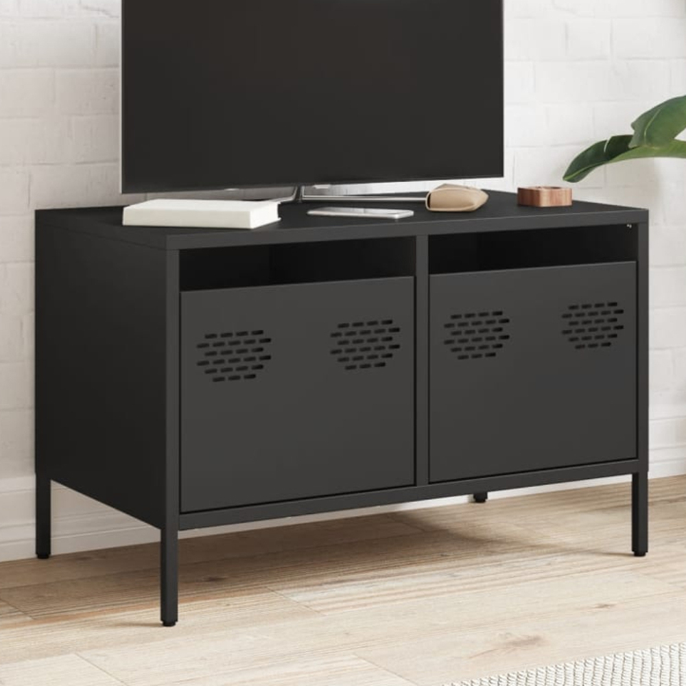 vidaXL 2 Drawer Black Steel Industrial Style TV Cabinet Image 1