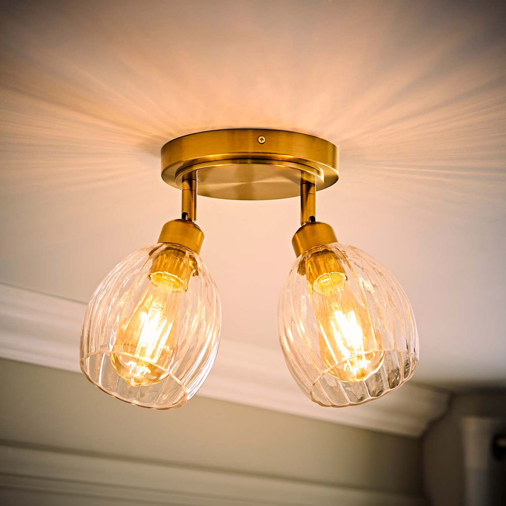 ValueLights Cheltenham Ribbed Shades 2 Way Brushed Gold Adjustable Ceiling Spotlight with Bulbs Image 2