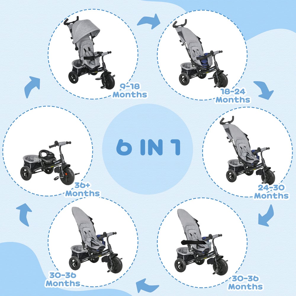 Tommy Toys Grey 6 in 1 Kids Trike with Parent Handle Green Image 5
