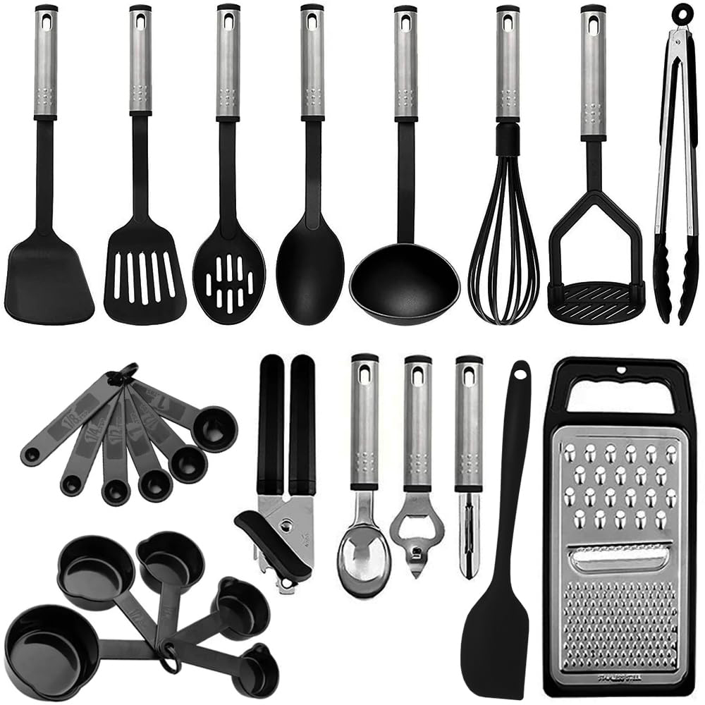 ATEK 24 Piece Black Silicone Kitchen Cooking Utensil Set with Stainless Steel Handle Image 1