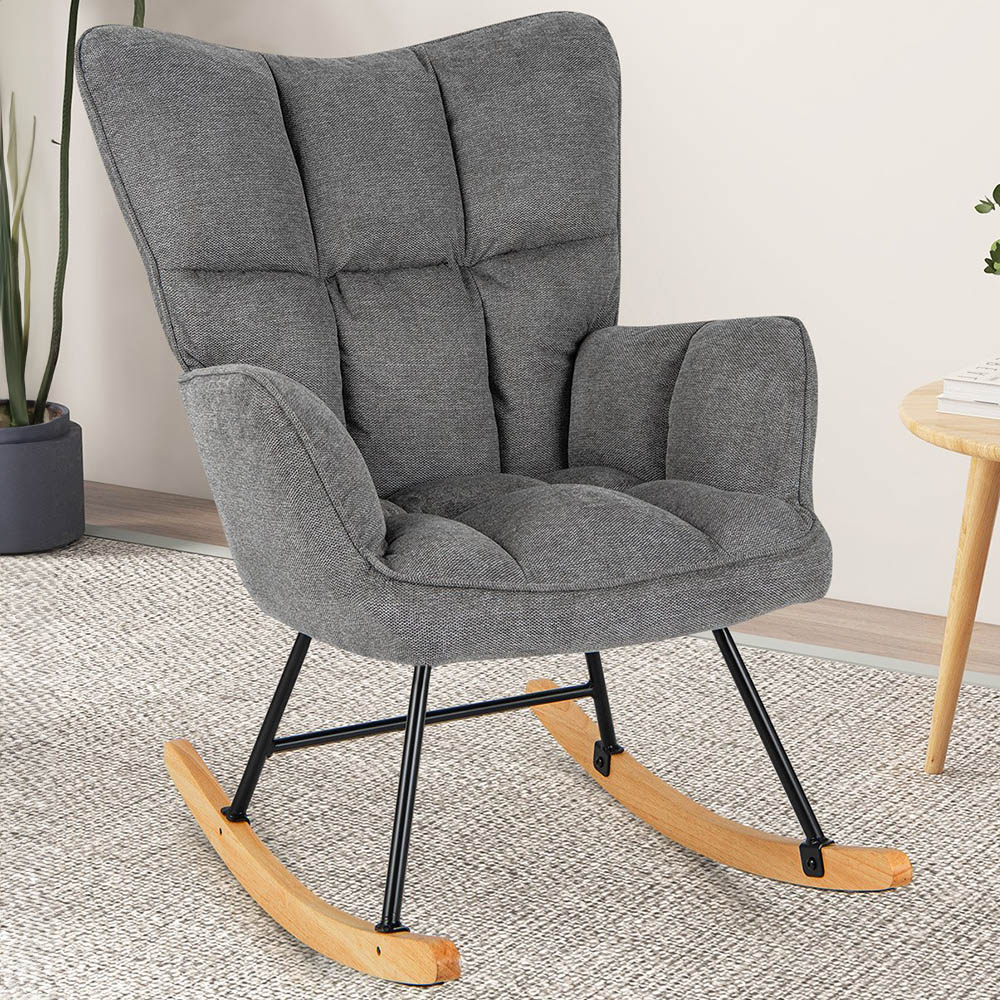 Costway Grey Linen High Backrest Nursery Rocking Chair Image 1