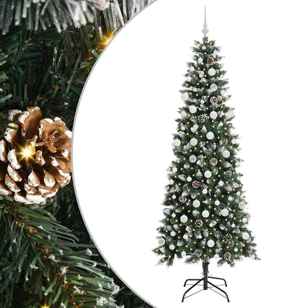 vidaXL Pre-Lit White Baubles Green Artificial Snow Tipped Christmas Tree 7ft Image 2