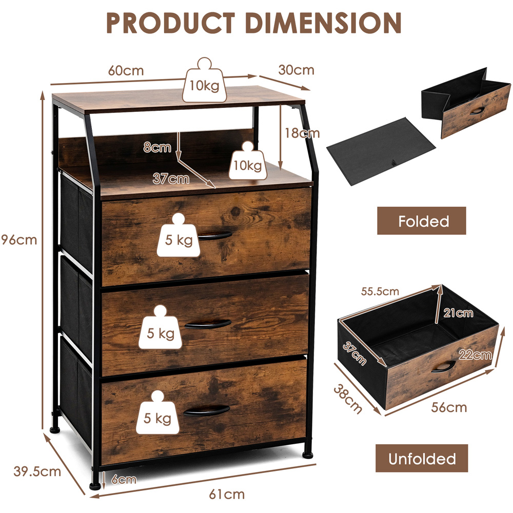 Costway 3 Drawer Single Shelf Rustic Brown Storage Unit Image 9