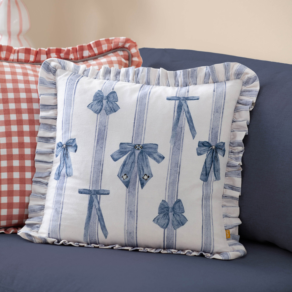 Furn Noortje Ruffle Bows Blue Cotton Reversible Cushion 43 x 43cm Image 2