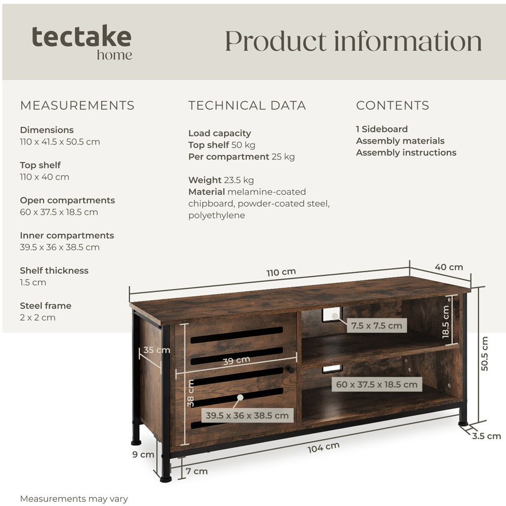 Tectake Galway Single Door 2 Shelf Rustic Dark Wood TV Stand Image 9