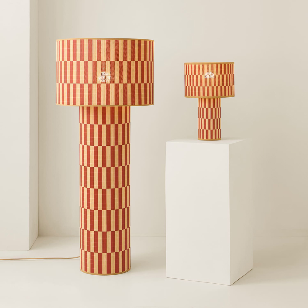 ValueLights Lori Orange Checkerboard Print Bamboo Table Lamp with Bulb Image 6