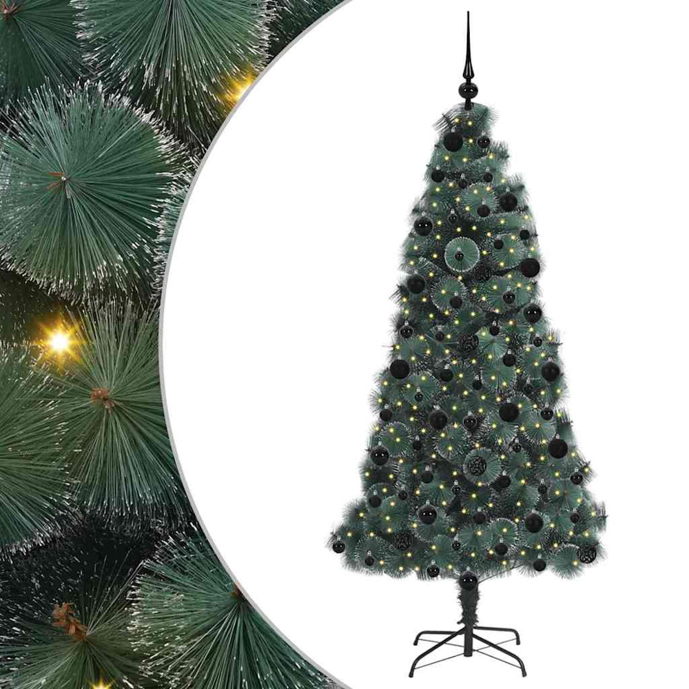 vidaXL Pre-Lit Black Baubles Green Artificial Christmas Tree 7ft Image 2