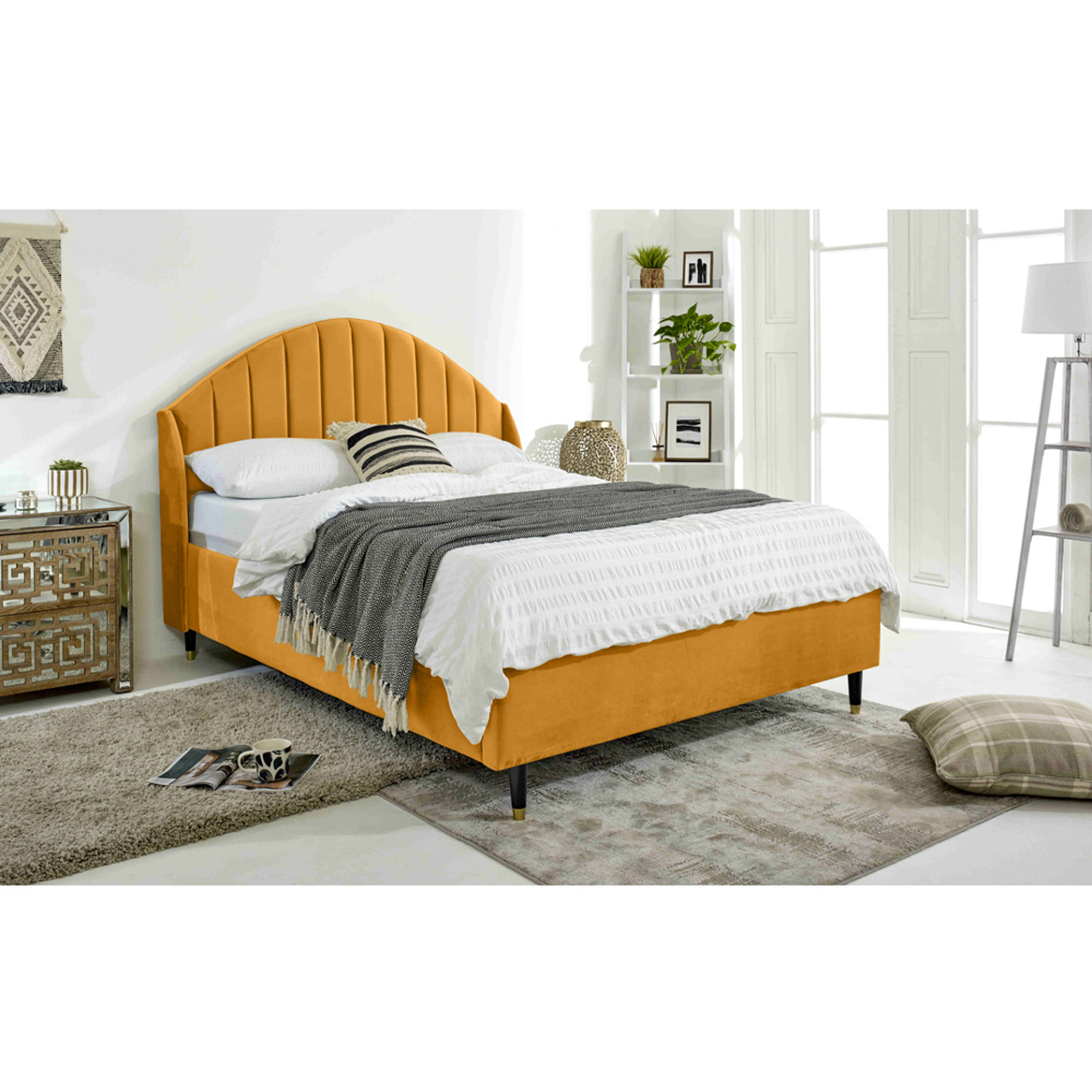 Eleganza Elysium Small Double Mustard Plush Velvet Bed Frame with Curved Winged Headboard Image 6