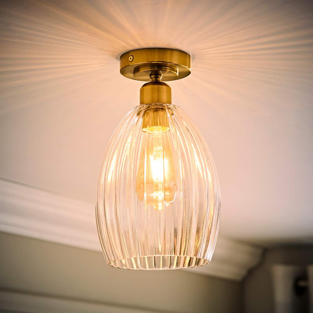 ValueLights Cheltenham Ribbed Shade Brushed Gold Flush Ceiling Light with Bulb Image 2