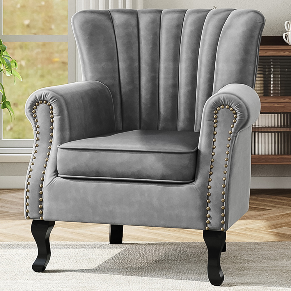 Living and Home Vintage Grey Velvet Wingback Armchair Image 1