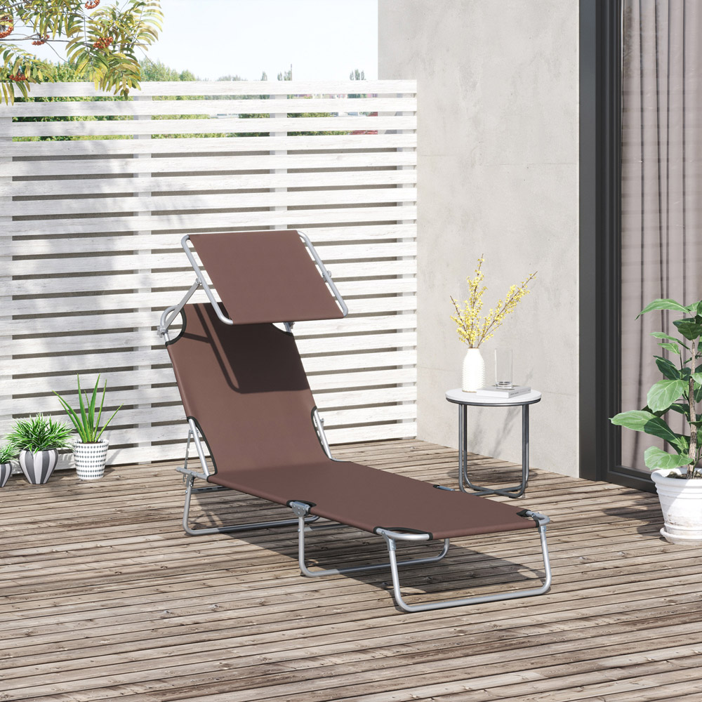 Outsunny Brown Foldable Sun Lounger with Sunshade Awning Image 7