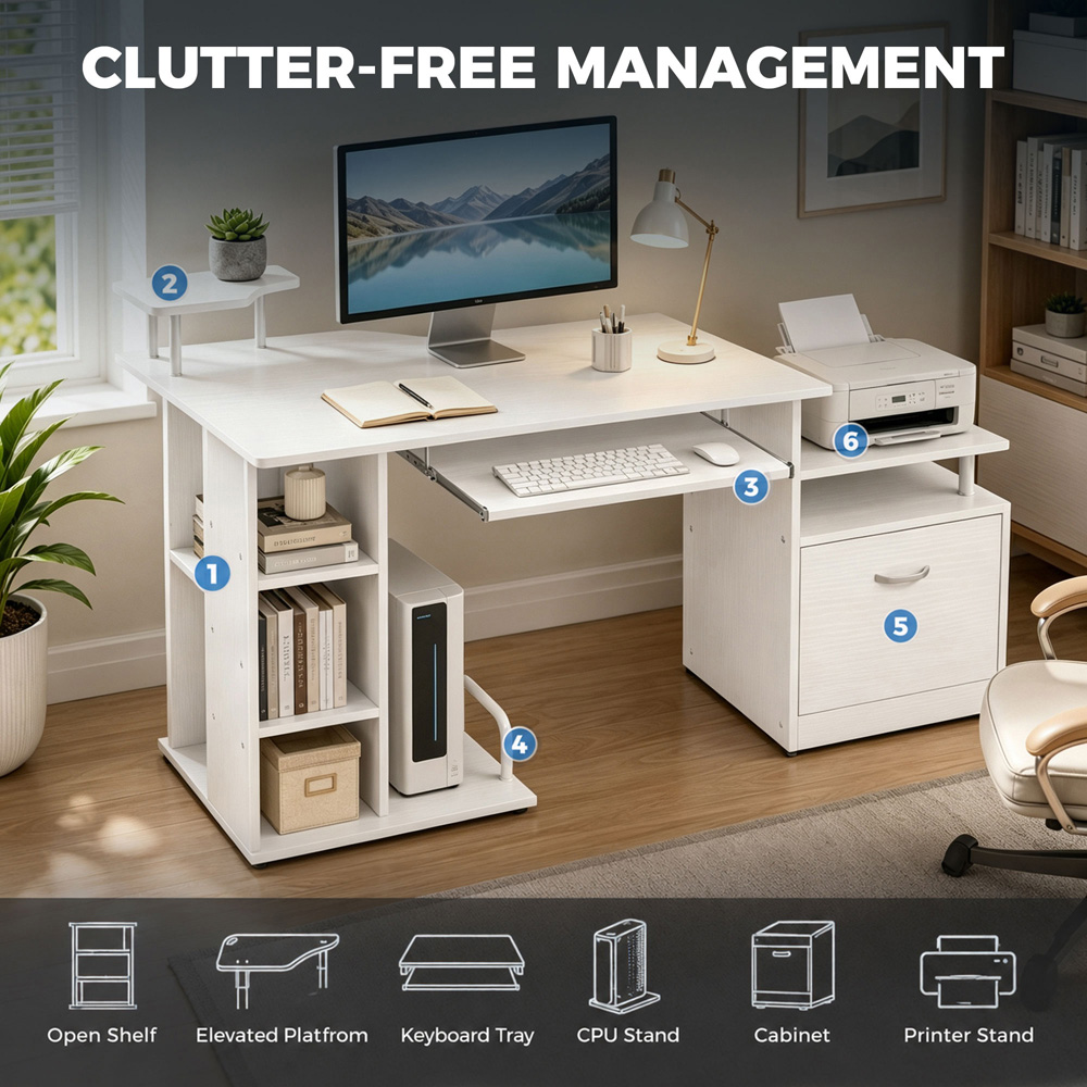 HOMCOM Single Drawer 8 Shelf Wooden Computer Desk with Keyboard Tray CPU Storage Rack White Image 5